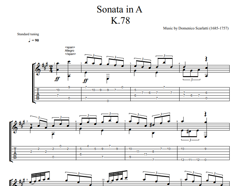Domenico Scarlatti - Sonata in A K.78 sheet music for guitar